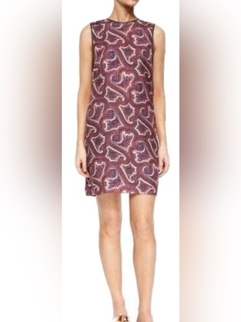 Theory Brindina L Silk Paisley Shift Dress Leather Trim Size 12
